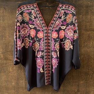 Sale! Vibrant Floral Patterned Women's Top with Bat Wings. Rose + Olive, size M